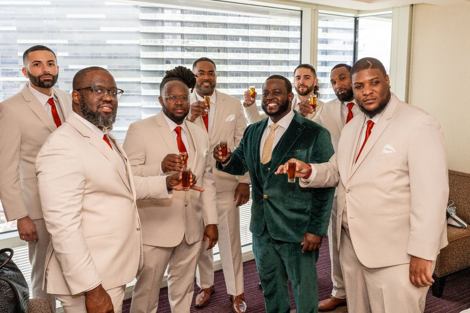 Las Vegas wedding photography — groomsmen in tan suits with the groom in teal