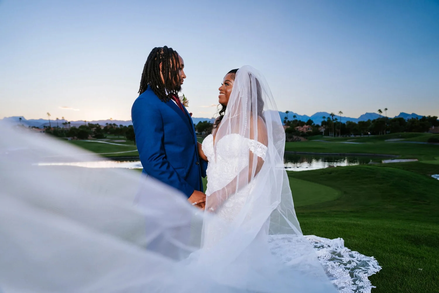 Las Vegas wedding photography — facing each other on the golf course at sunset