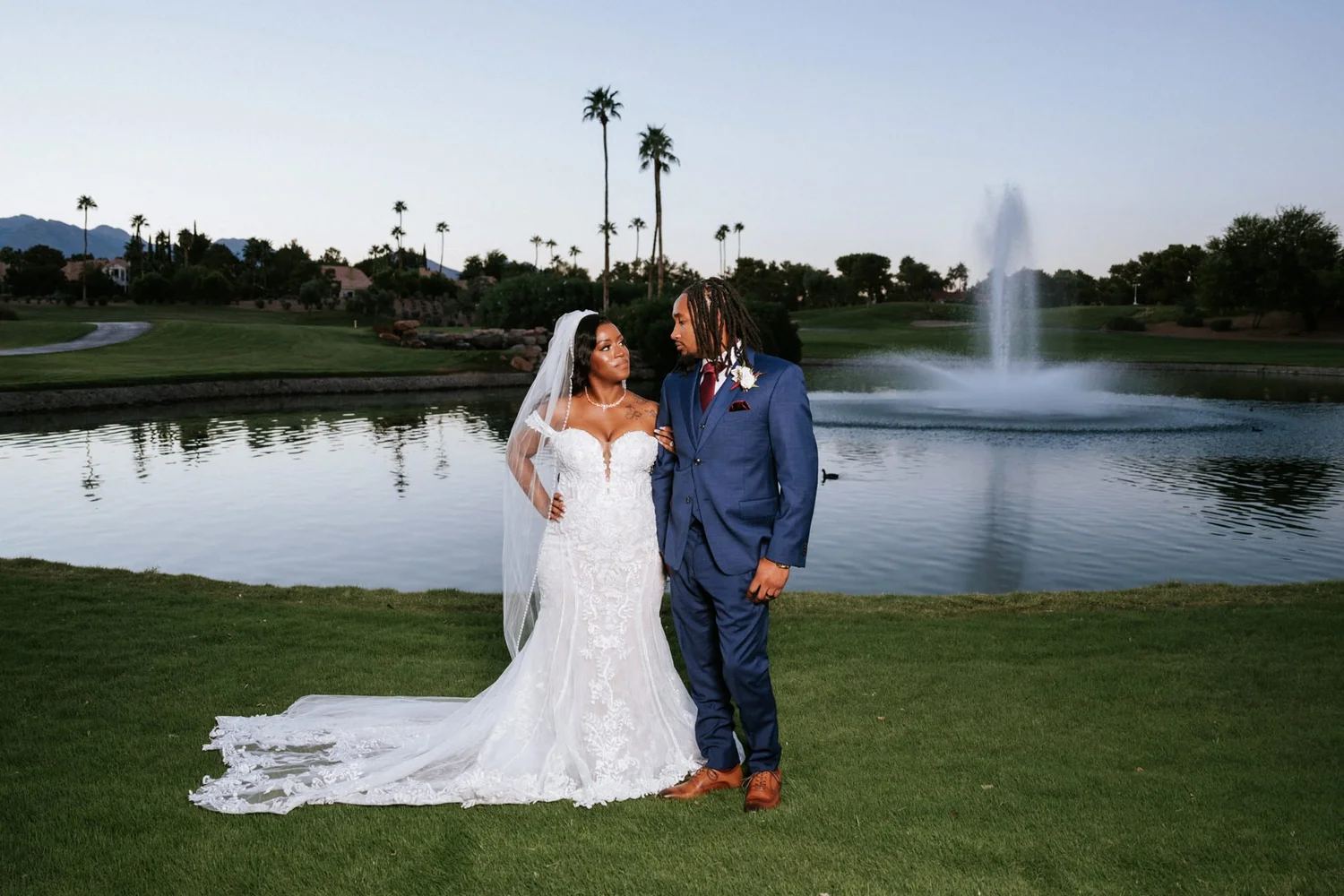 Las Vegas wedding photography — portrait by the pond and fountain at sunset