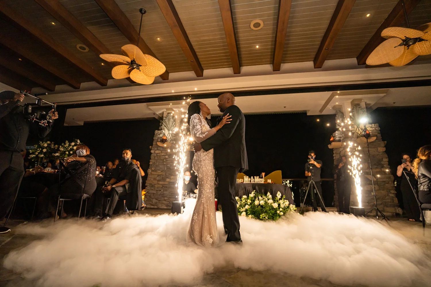 Las Vegas wedding photography — first dance lit by sparkler fountains