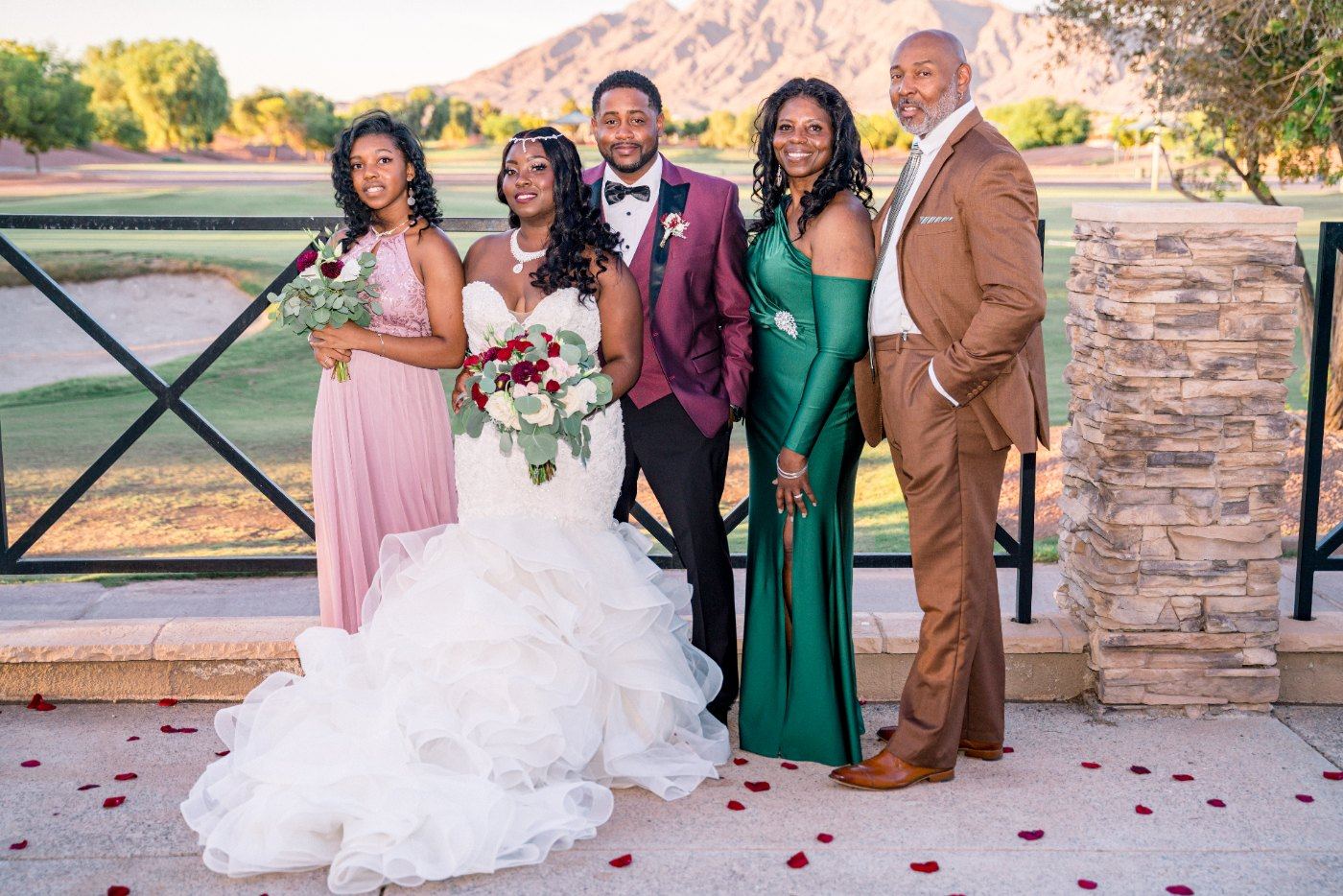 Las Vegas wedding photography — the bridal party in burgundy and emerald