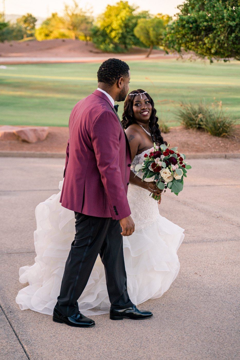 Las Vegas wedding photography — the couple walking away together at golden hour