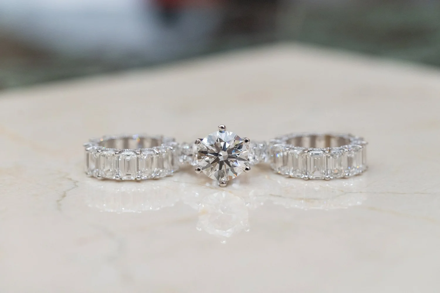 Las Vegas wedding photography — engagement ring flanked by two baguette wedding bands