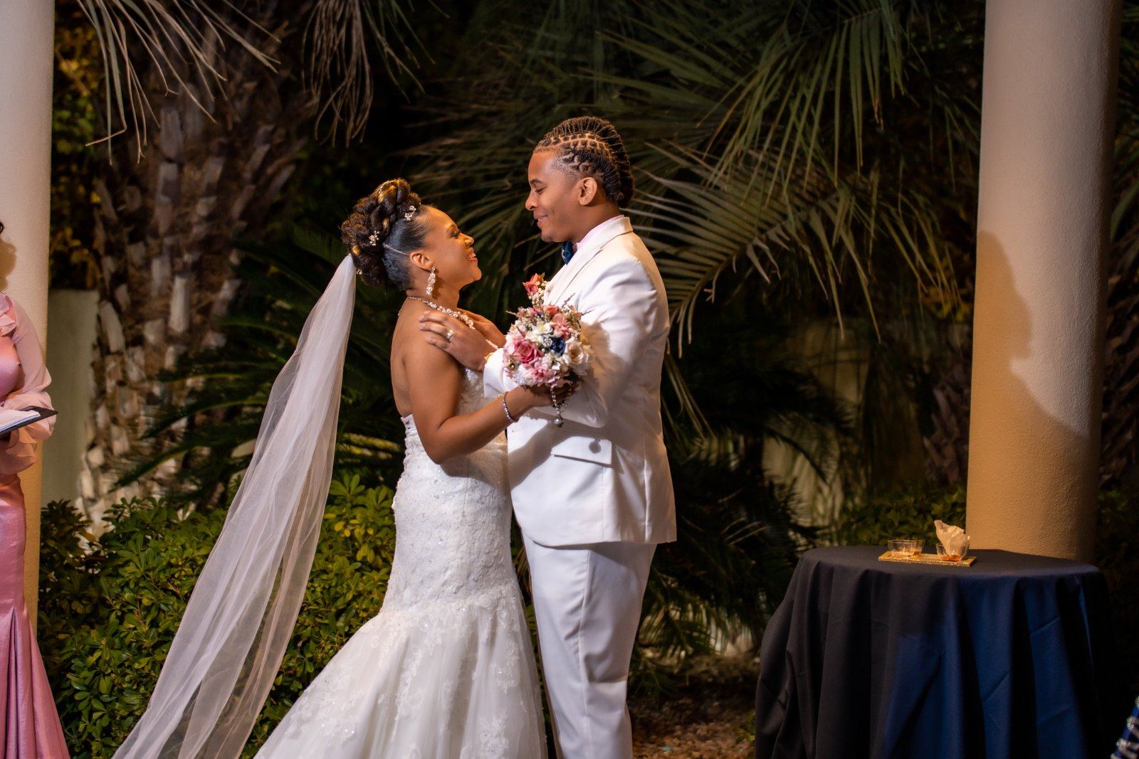 Las Vegas wedding photography — the couple embracing under the cathedral veil