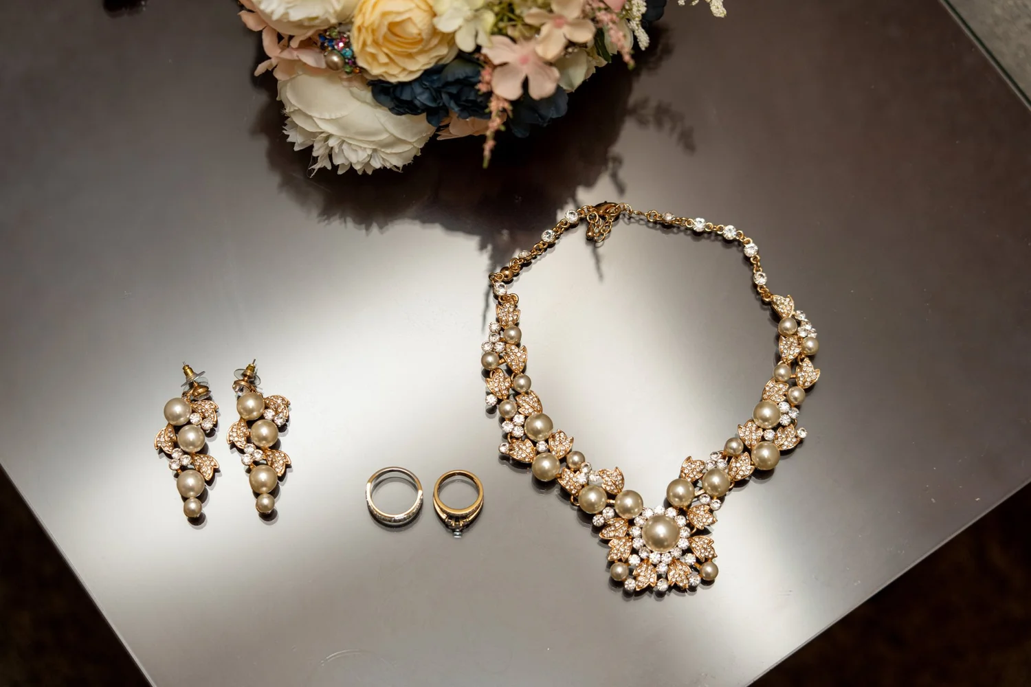 Las Vegas wedding photography — pearl and rhinestone necklace, earrings and rings