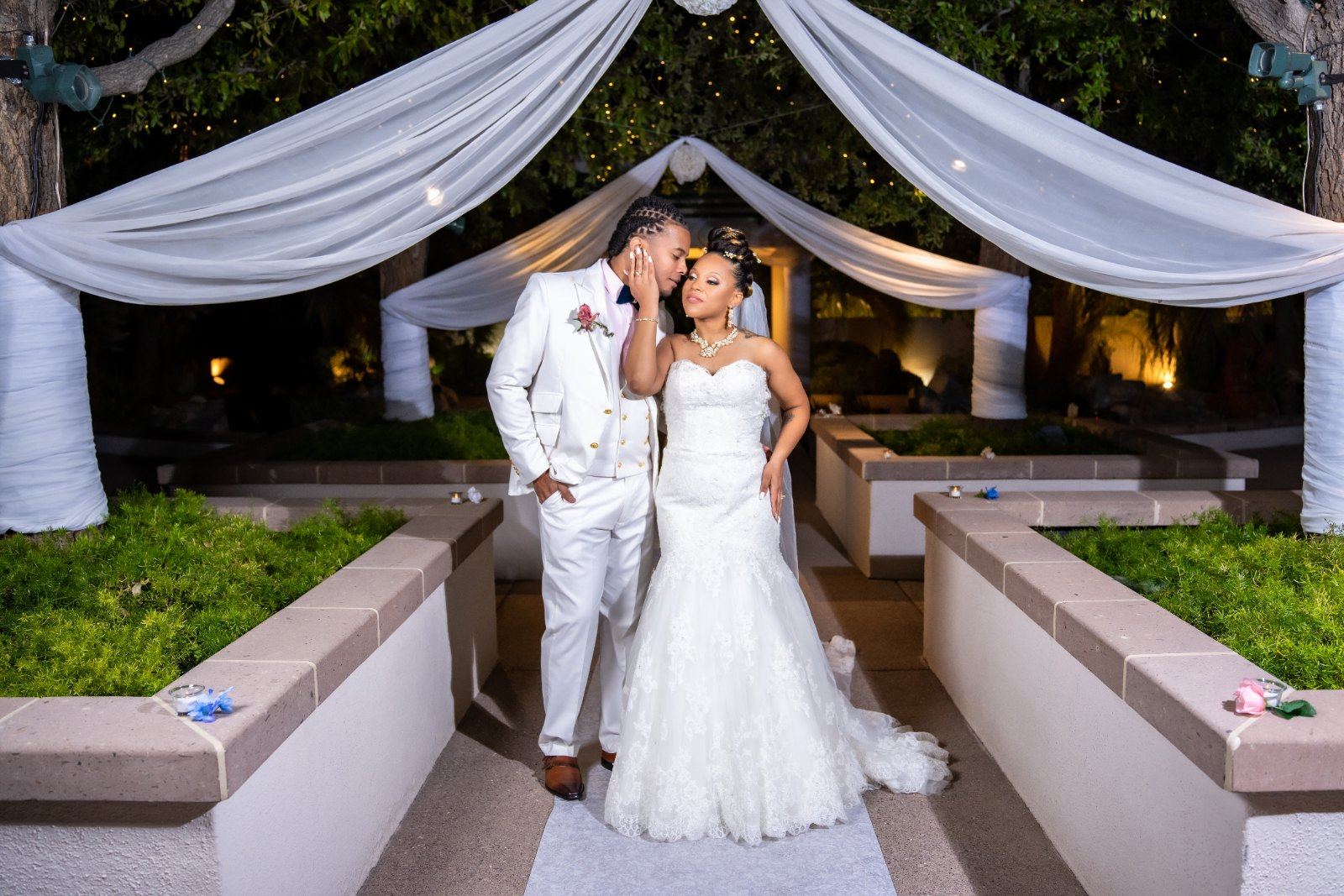 Las Vegas wedding photography — the newlyweds together in the columned courtyard