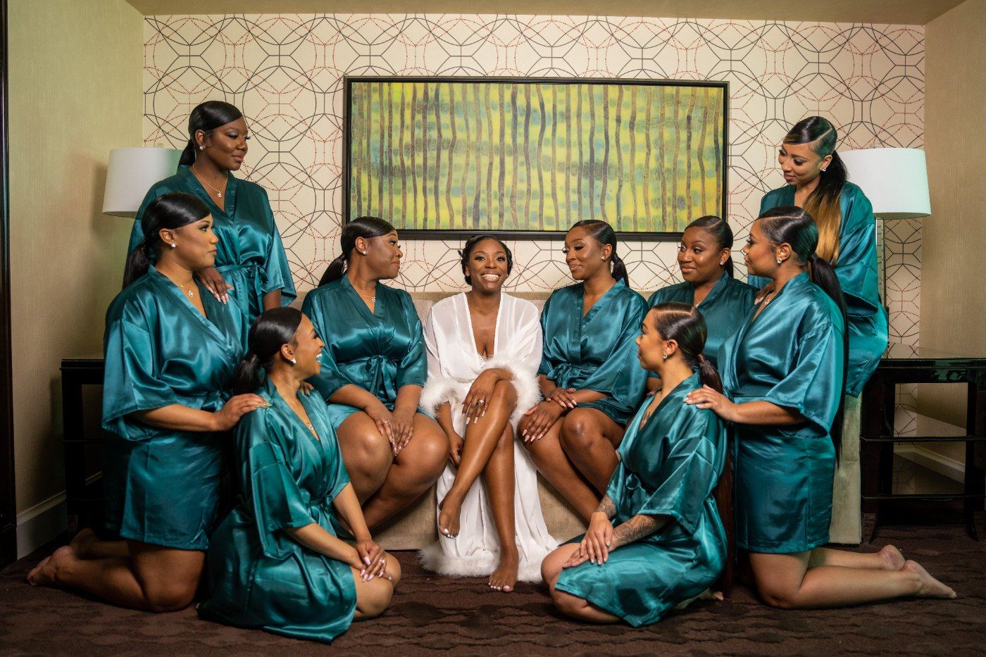 Las Vegas wedding photography — bridesmaids in emerald satin robes with the bride