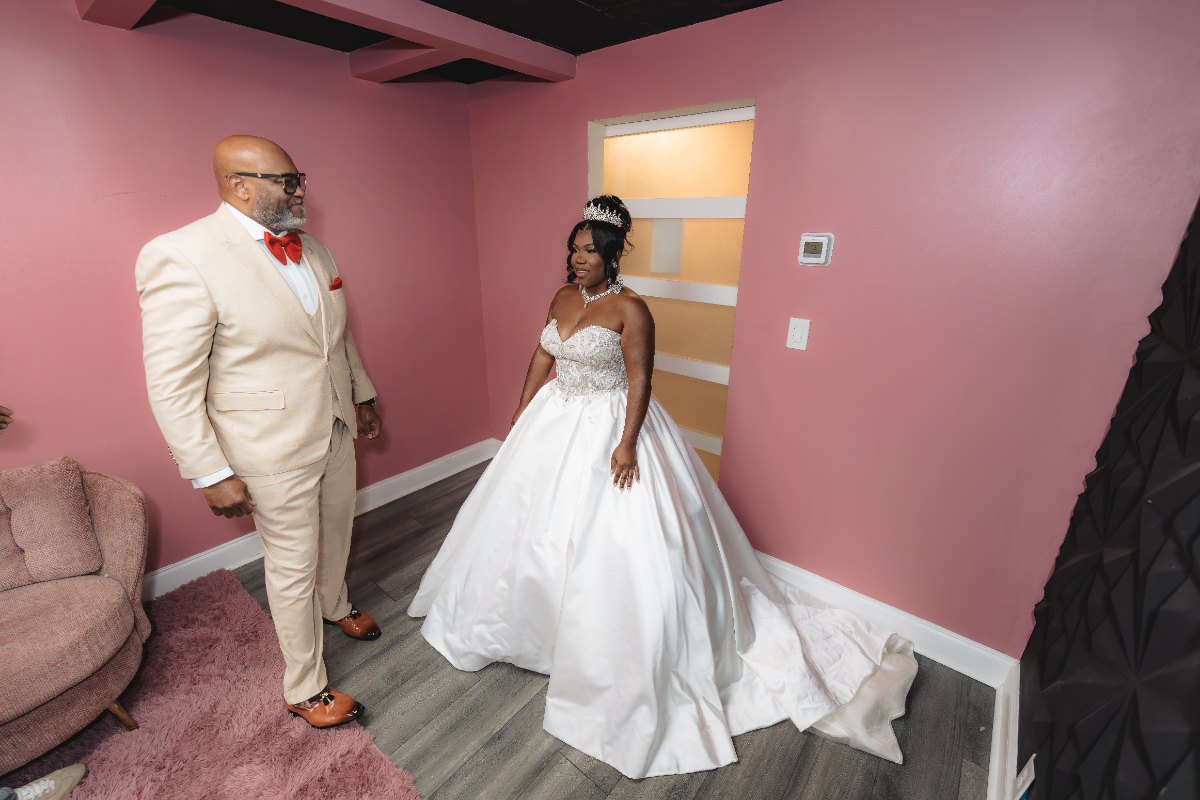 Las Vegas wedding photography — the first look between the couple in the suite