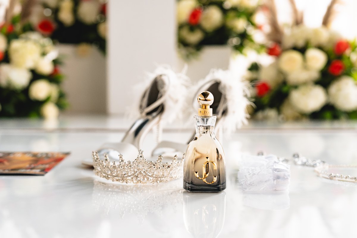 Las Vegas wedding photography — the tiara, shoes and perfume laid out before the day begins