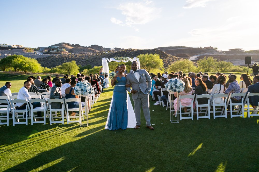Las Vegas wedding photography — a donut tower dessert display out on the golf course