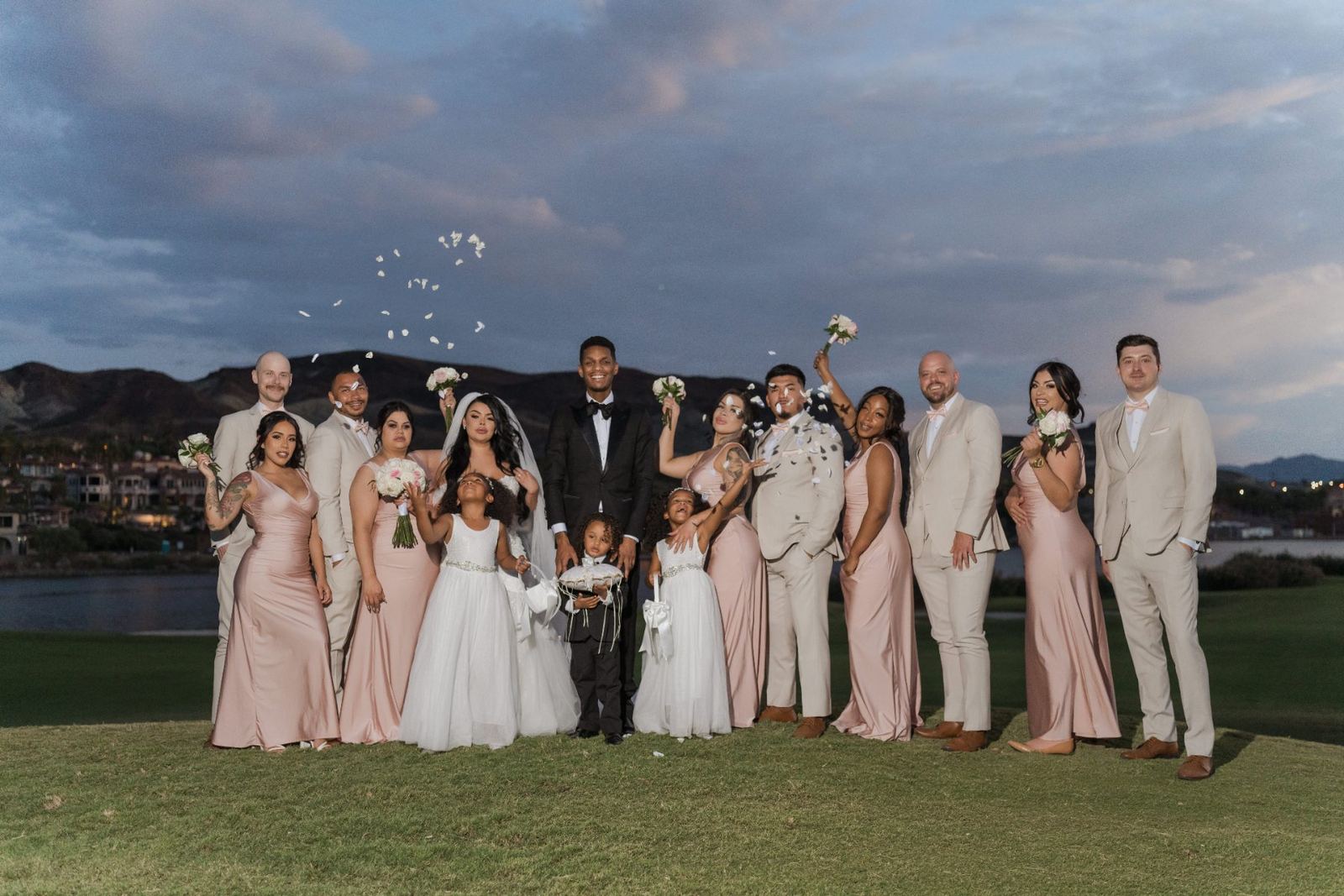 Las Vegas wedding photography — the bridal party lined up at dusk