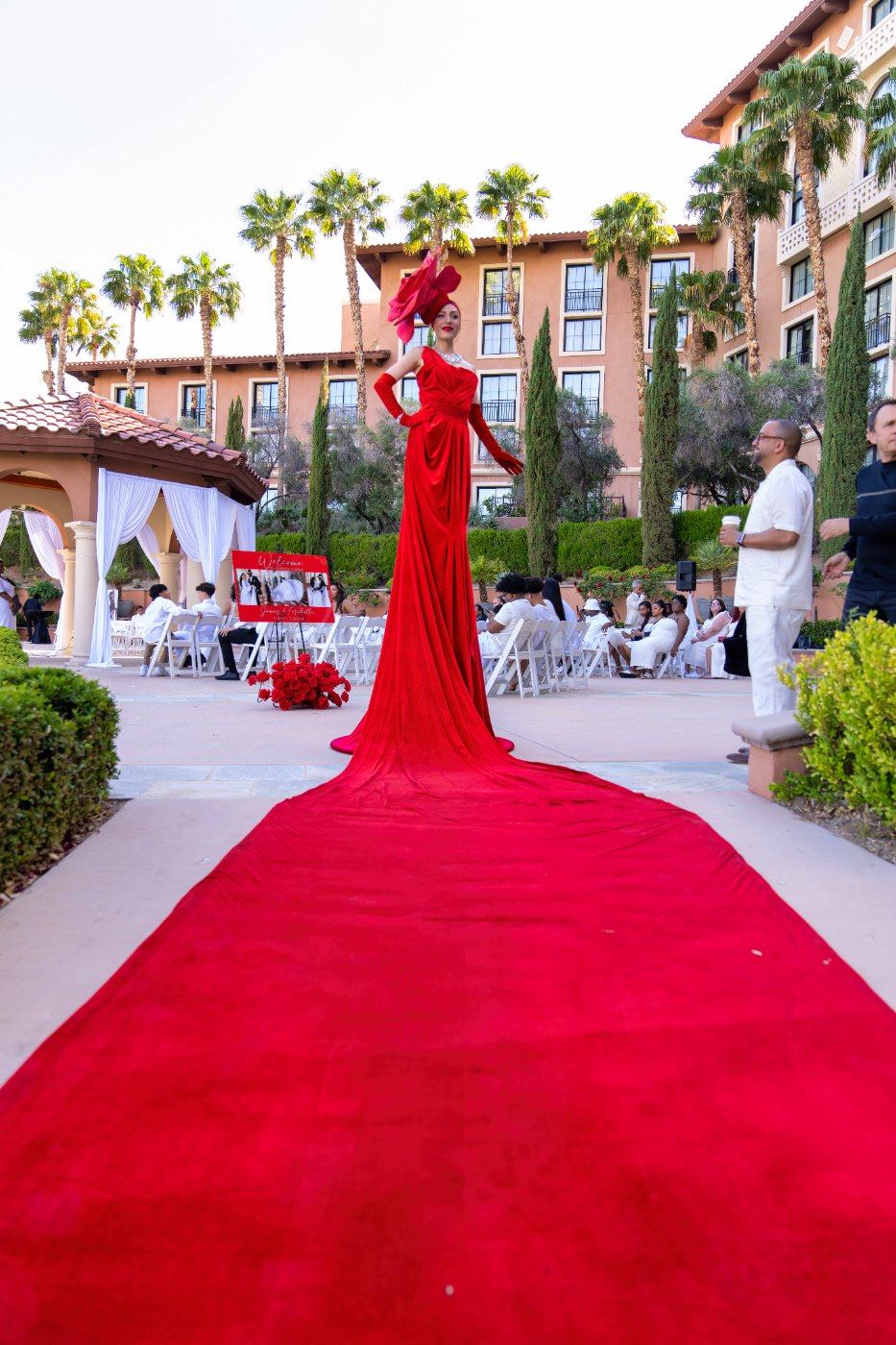 Las Vegas wedding photography — red carpet aisle laid out at the resort before the ceremony