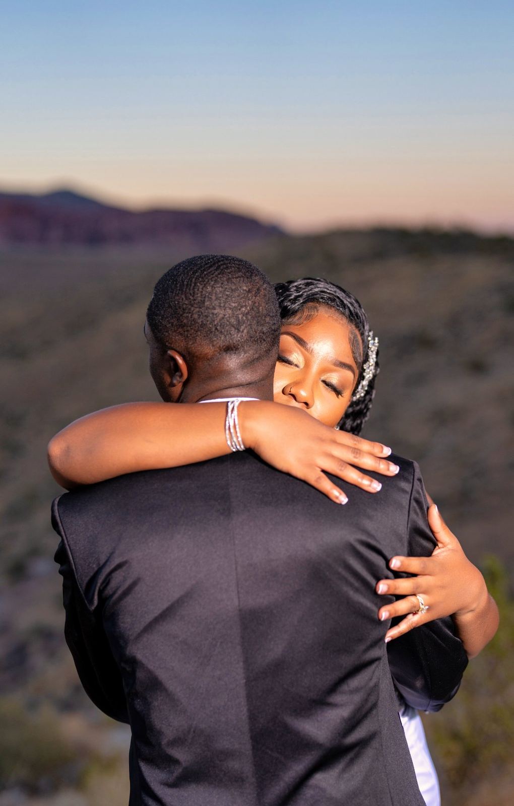 Las Vegas wedding photography — the bride in white satin at last light