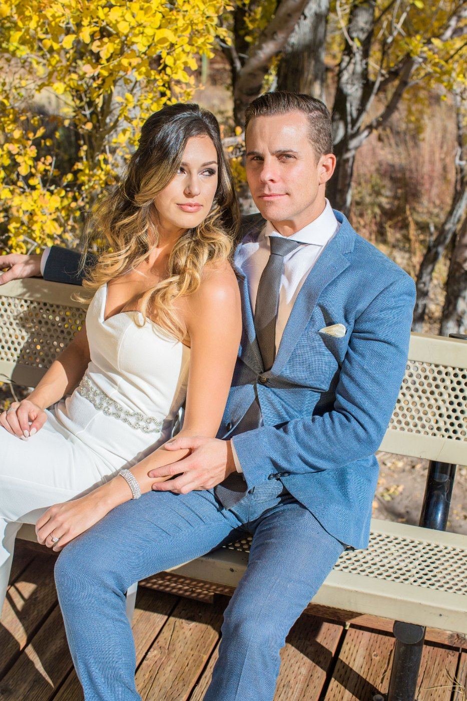 Las Vegas wedding photography — a seated portrait under the yellow leaves