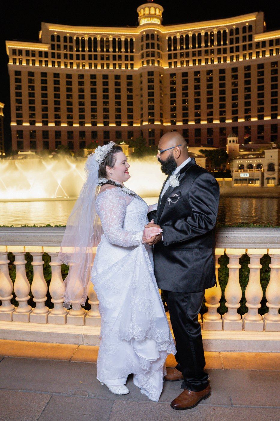 Las Vegas wedding photography — the couple with the Bellagio fountains behind them