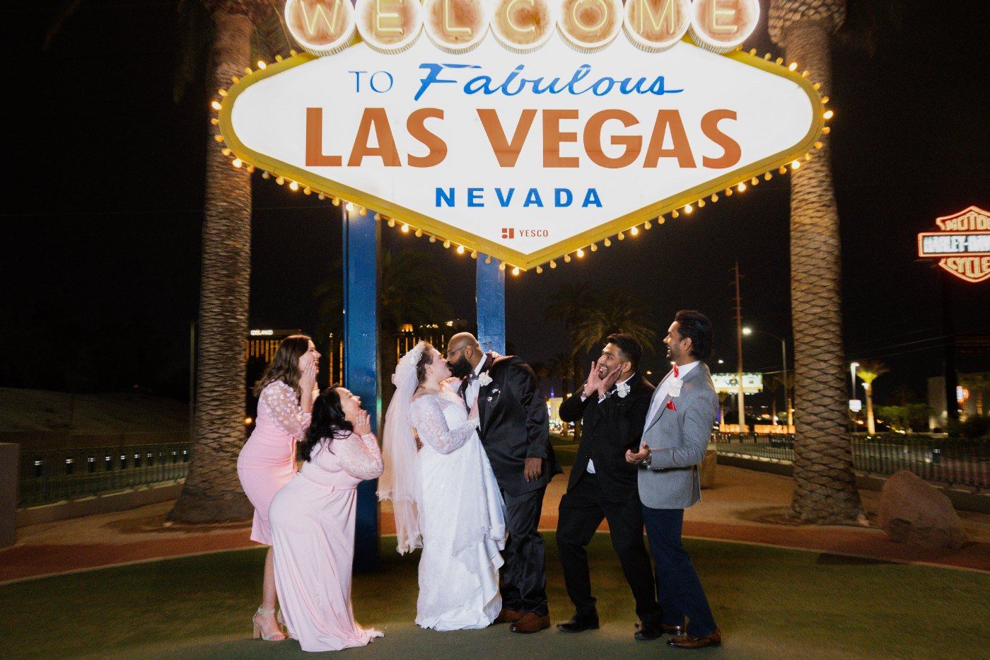 Las Vegas wedding photography — the whole wedding party at the Welcome sign