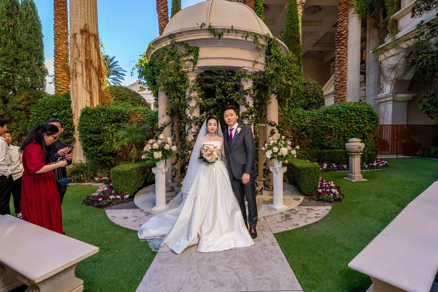 Las Vegas wedding photography — the couple standing together in front of the gazebo