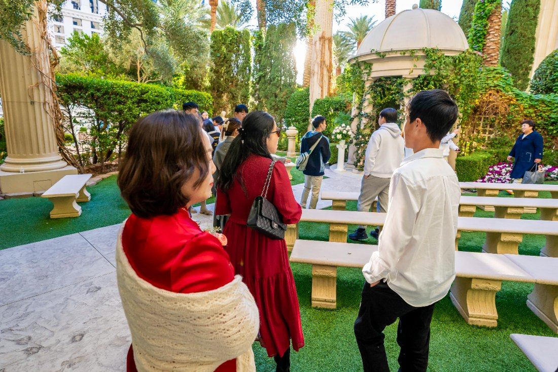 Las Vegas wedding photography — family in red walking through the garden